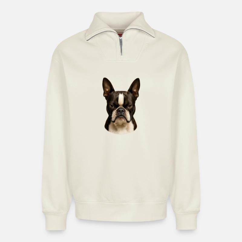 Eindrucksvoller Boston Terrier Blick - Relaxed Unisex Organic Half Zip Sweatshirt – von SPREAD - Naturweiß