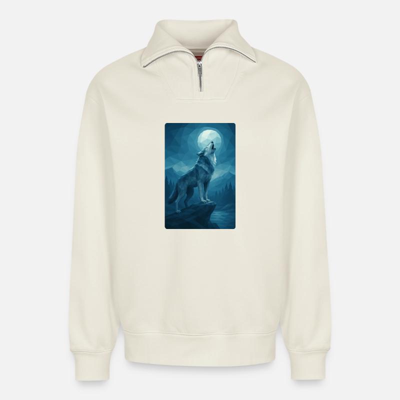 Polynature Night Wolf - Relaxed Unisex Organic Half Zip Sweatshirt – by SPREAD - off white