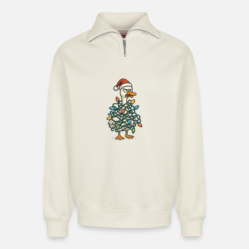 Santa Duck in Weihnachtslichtern - Relaxed Unisex Organic Half Zip Sweatshirt – von SPREAD - Naturweiß