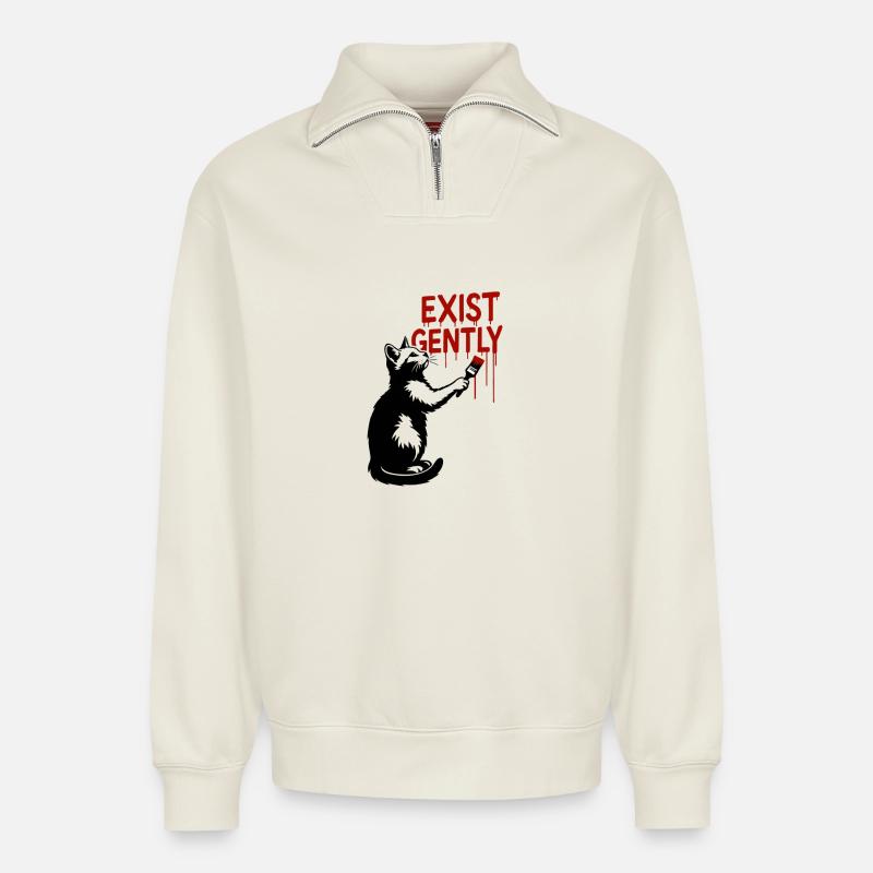 Exist Gently Katzendruck - Relaxed Unisex Organic Half Zip Sweatshirt – von SPREAD - Naturweiß