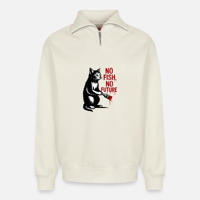 No Fish No Future Katze Graffiti - Relaxed Unisex Organic Half Zip Sweatshirt – von SPREAD - Naturweiß