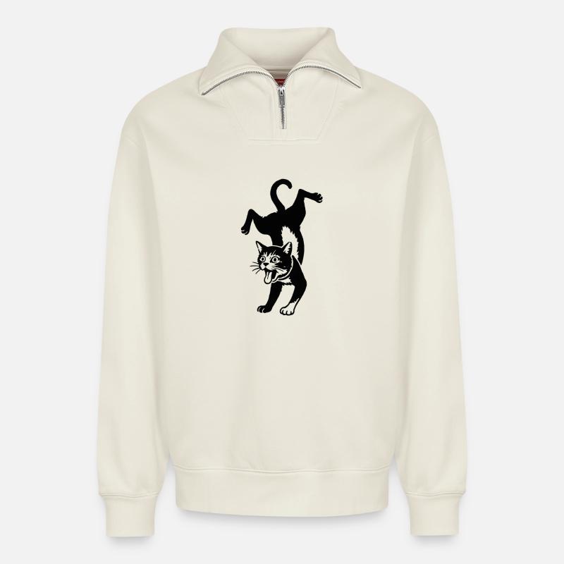 Katzensilhouette Sprung - Relaxed Unisex Organic Half Zip Sweatshirt – von SPREAD - Naturweiß