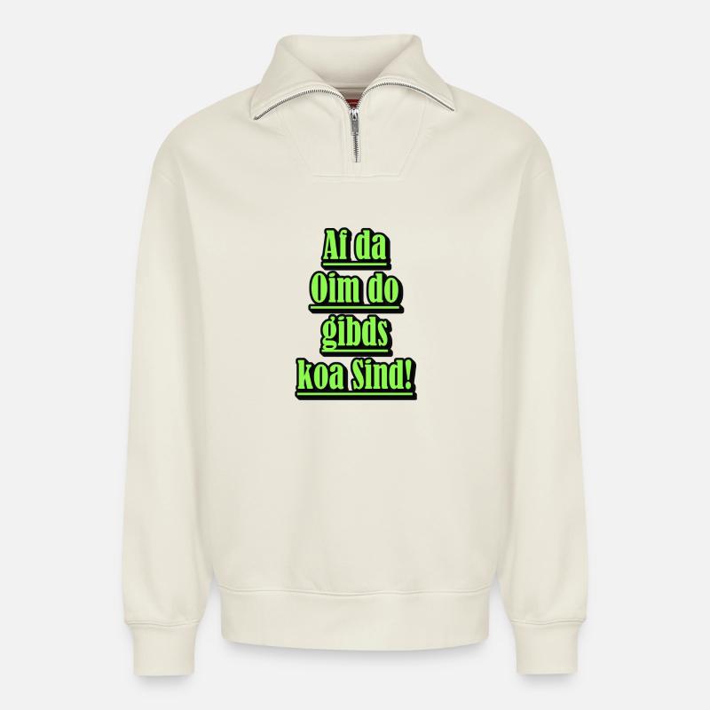 Neon Dialect Saying Green - Relaxed Unisex Organic Half Zip Sweatshirt – by SPREAD - off white