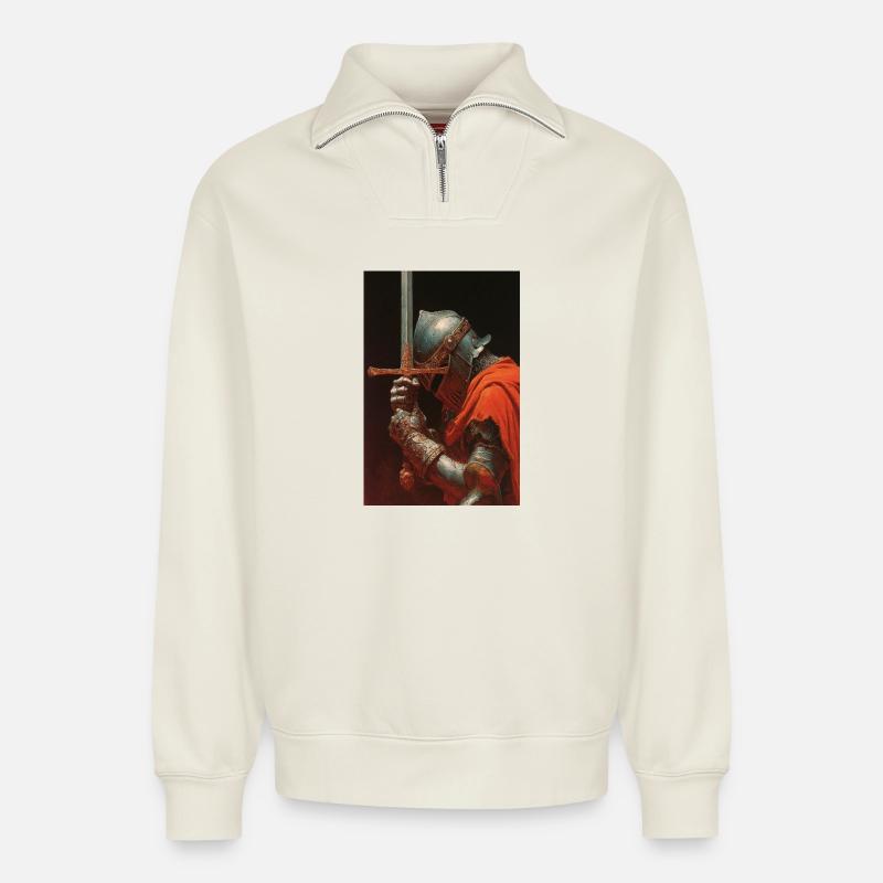 Chevalier médiéval avec épée - Sweat unisexe décontracté en coton biologique à demi-zip – de SPREAD - blanc cassé