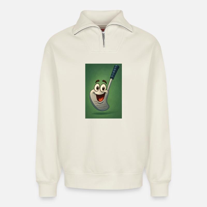 Glücklicher Golfschläger mit Gesicht - Relaxed Unisex Organic Half Zip Sweatshirt – von SPREAD - Naturweiß