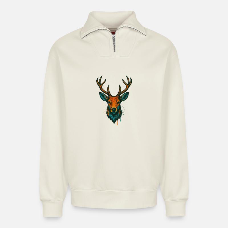 Hirschkopf Neonkunst - Relaxed Unisex Organic Half Zip Sweatshirt – von SPREAD - Naturweiß