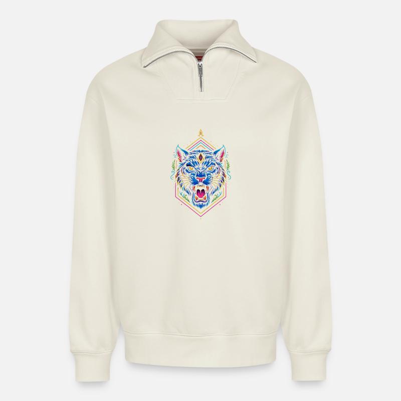 Neon Tiger Geometrischer Print - Relaxed Unisex Organic Half Zip Sweatshirt – von SPREAD - Naturweiß