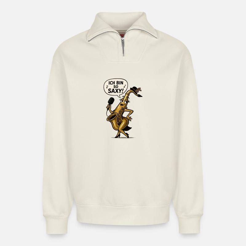 I'm So Saxy – Saxophone Diva - Relaxed Unisex Organic Half Zip Sweatshirt – by SPREAD - off white