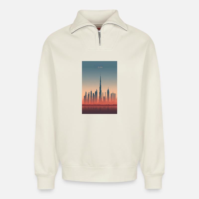 Dubai Skyline dans des teintes pastel - Sweat unisexe décontracté en coton biologique à demi-zip – de SPREAD - blanc cassé