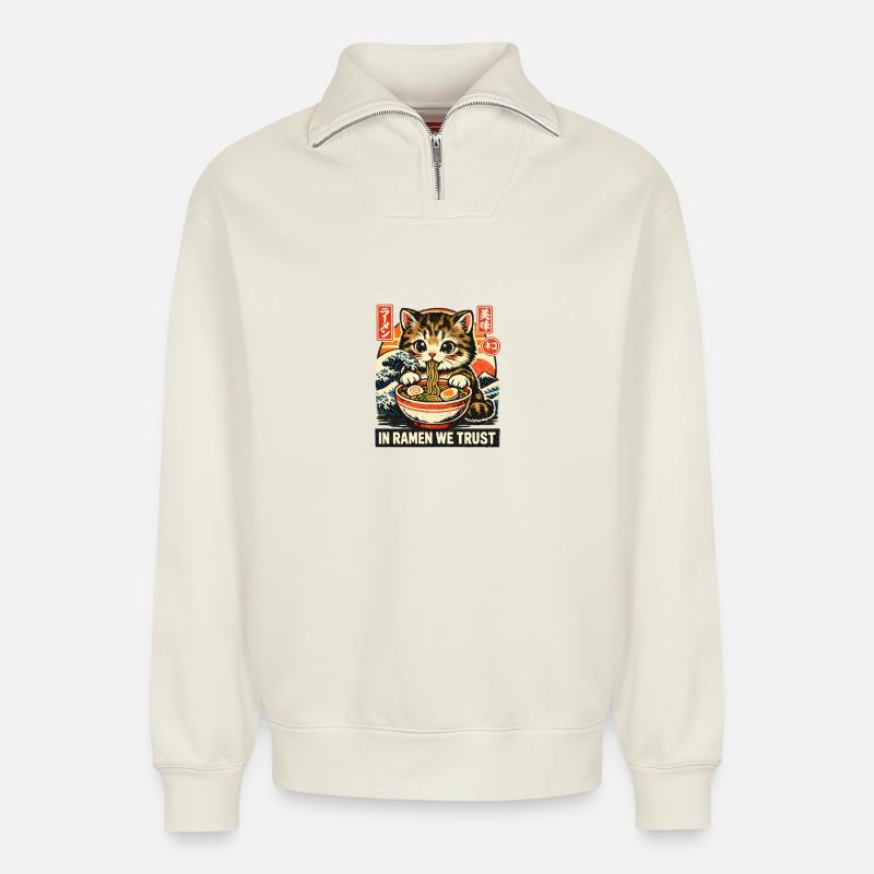 Ramen Chat - Sweat unisexe décontracté en coton biologique à demi-zip – de SPREAD - blanc cassé