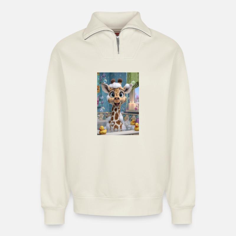Bubble Bath Giraffe Charm - Relaxed Unisex Organic Half Zip Sweatshirt – by SPREAD - off white