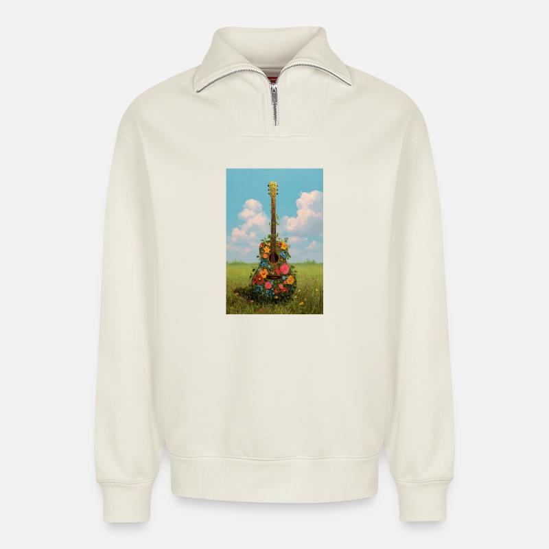 Blumengitarre in Meadow - Relaxed Unisex Organic Half Zip Sweatshirt – von SPREAD - Naturweiß