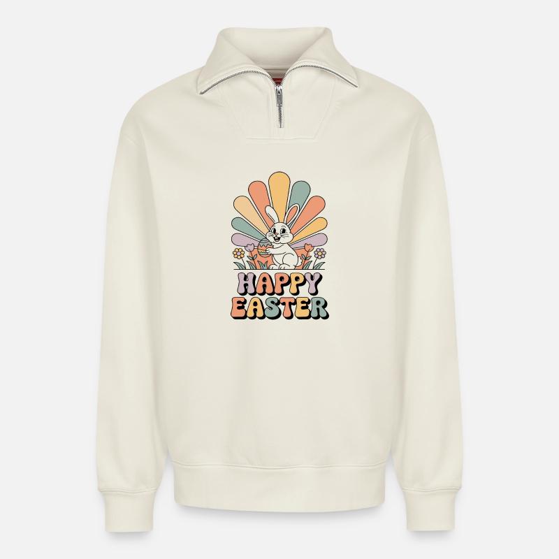 Pastellhase im Osterstrahlen - Relaxed Unisex Organic Half Zip Sweatshirt – von SPREAD - Naturweiß