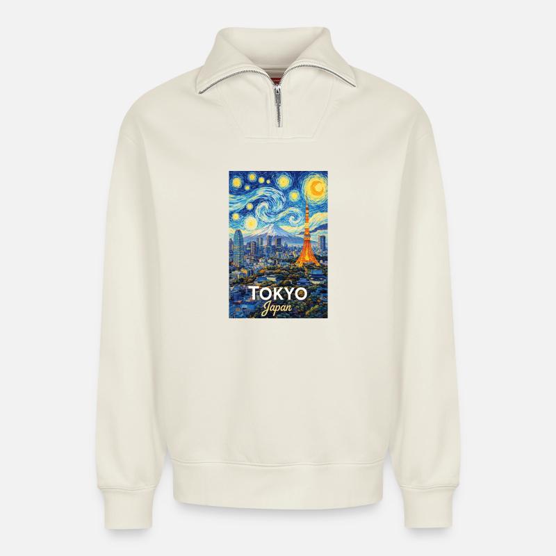 Tokyo Japan - Relaxed Unisex Organic Half Zip Sweatshirt – von SPREAD - Naturweiß