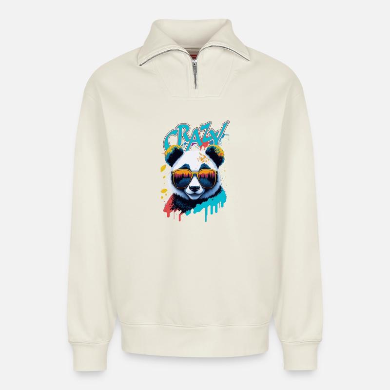 Neon-Panda mit Sonnenbrille Splash-Art - Relaxed Unisex Organic Half Zip Sweatshirt – von SPREAD - Naturweiß