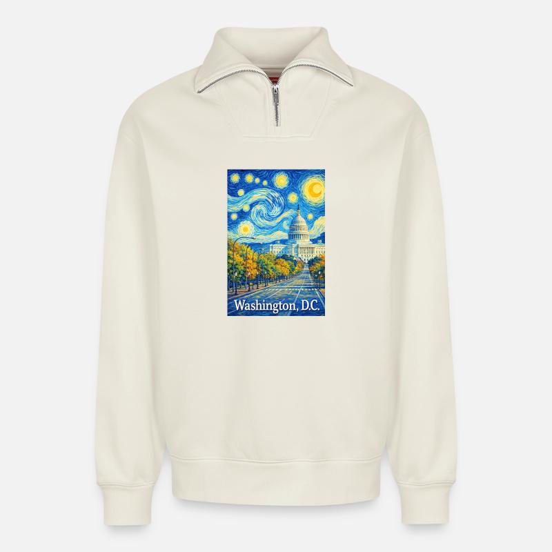 Washington, D.C. - Relaxed Unisex Organic Half Zip Sweatshirt – by SPREAD - off white