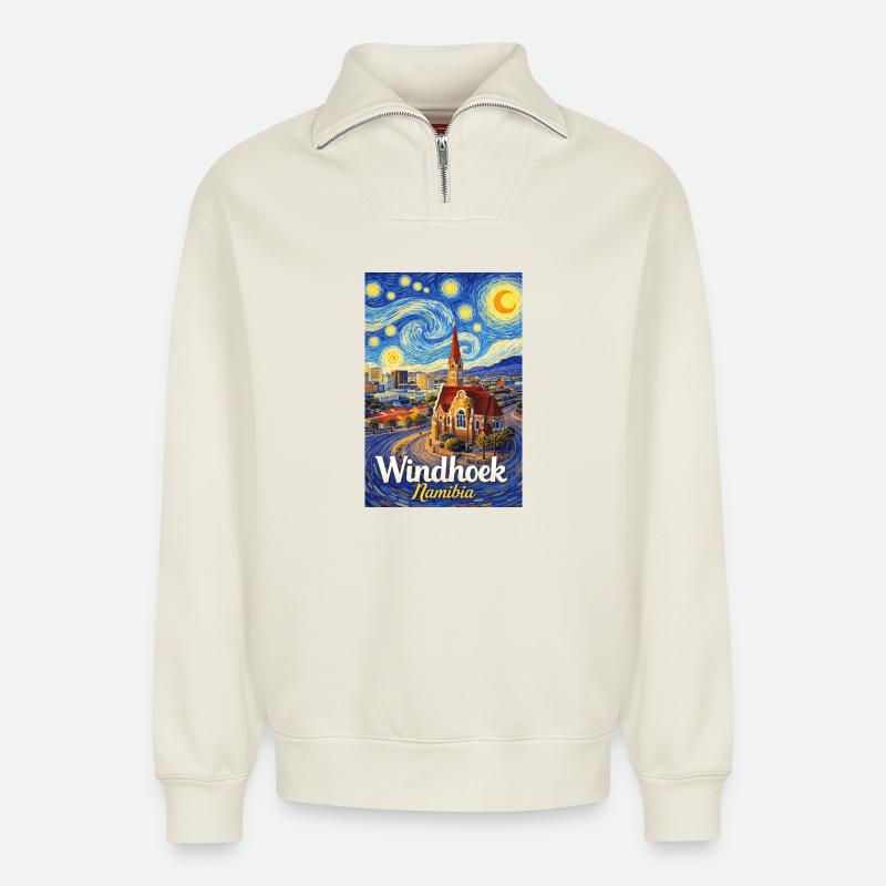 Windhoek Namibia - Relaxed Unisex Organic Half Zip Sweatshirt – von SPREAD - Naturweiß