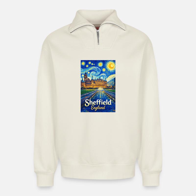 Sheffield England Sternennacht - Relaxed Unisex Organic Half Zip Sweatshirt – von SPREAD - Naturweiß