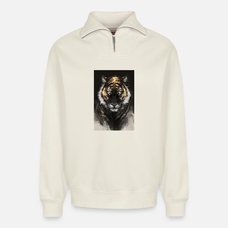 Golden Ember Tiger - Relaxed Unisex Organic Half Zip Sweatshirt – von SPREAD - Naturweiß