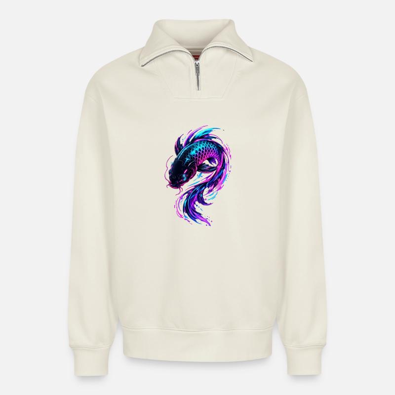 Flux de Koi Néon - Sweat unisexe décontracté en coton biologique à demi-zip – de SPREAD - blanc cassé