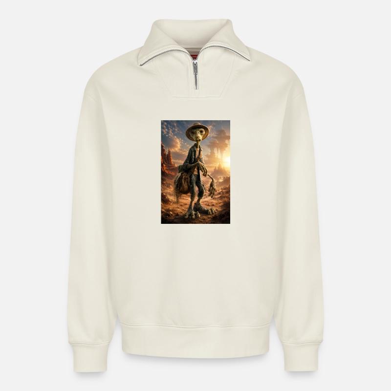Dustbound Hitchhiker in Dunes - Relaxed Unisex Organic Half Zip Sweatshirt – by SPREAD - off white