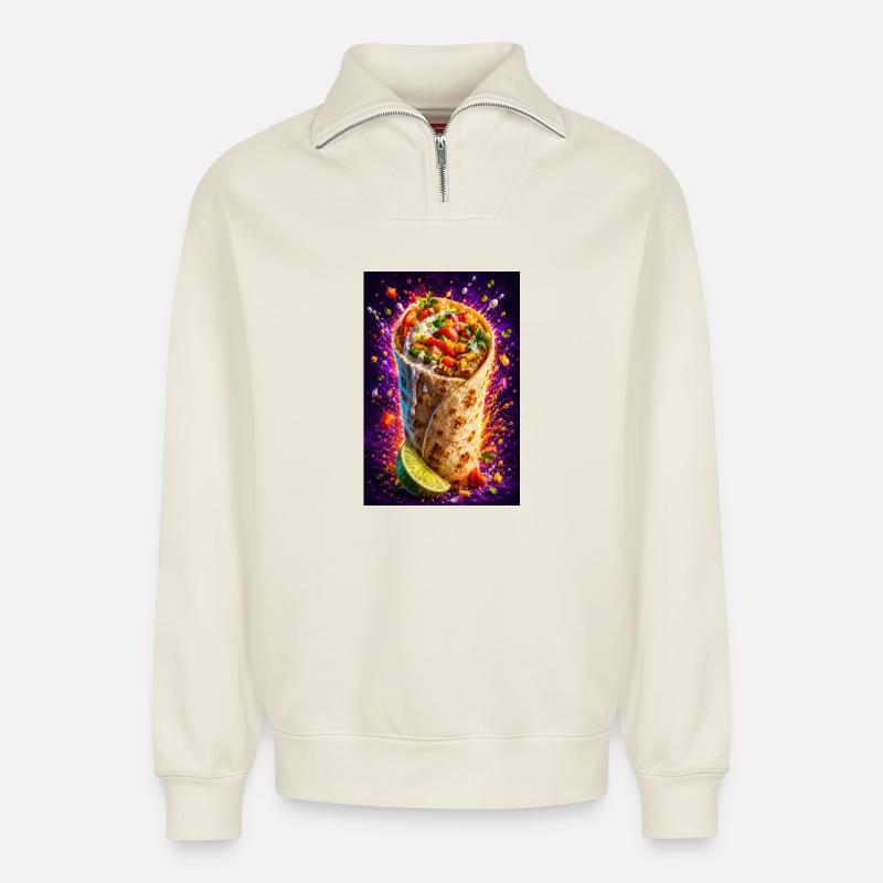 Fiesta Burrito Chargée de Feu - Sweat unisexe décontracté en coton biologique à demi-zip – de SPREAD - blanc cassé