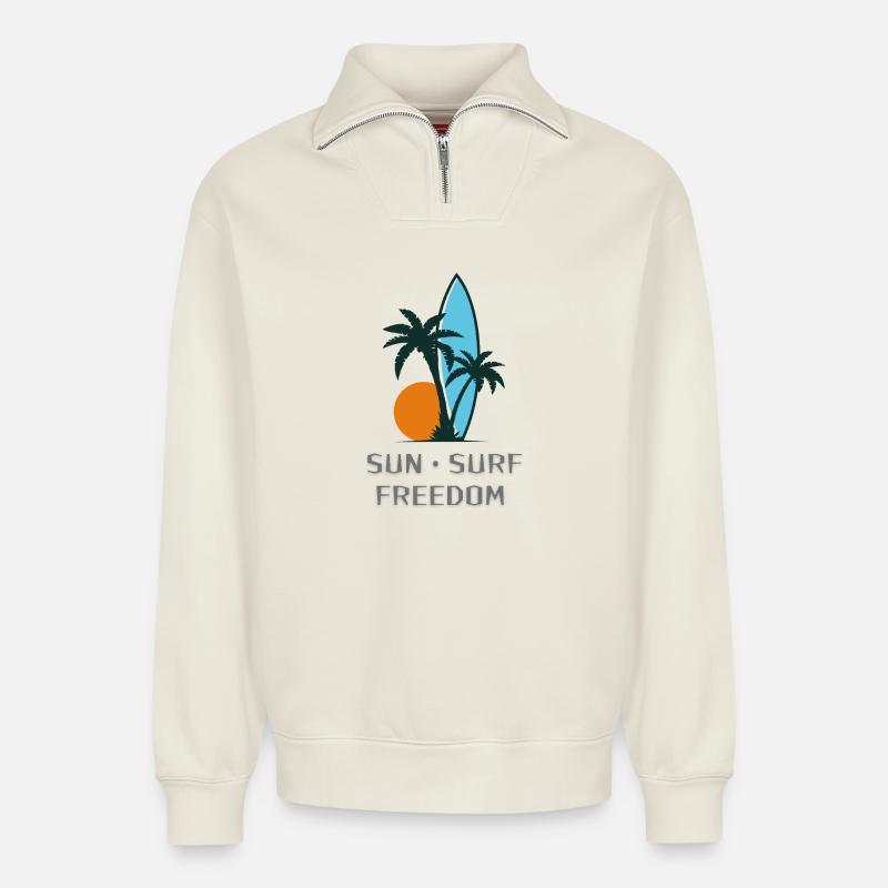 Sun Surf Freedom - Relaxed Unisex Organic Half Zip Sweatshirt – by SPREAD - off white
