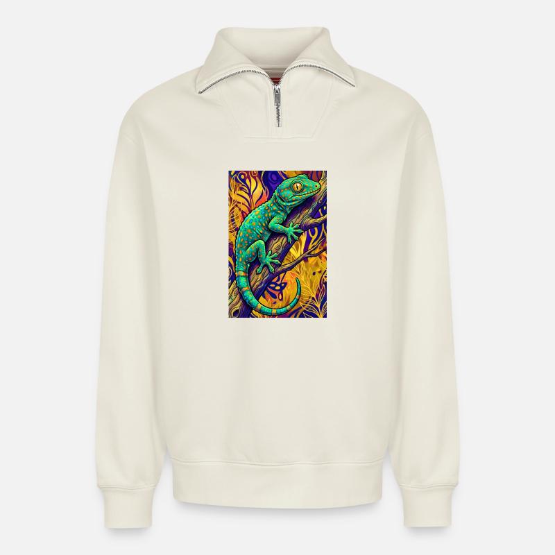 Gecko - Sweat unisexe décontracté en coton biologique à demi-zip – de SPREAD - blanc cassé