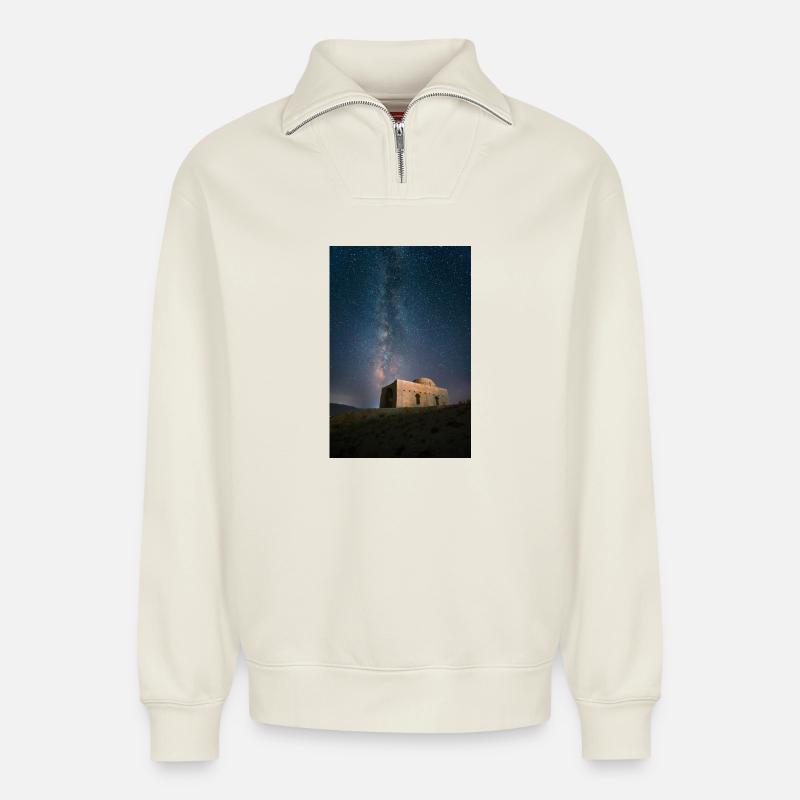 Milky Way Over Ruins Nightscape - Relaxed Unisex Organic Half Zip Sweatshirt – by SPREAD - off white