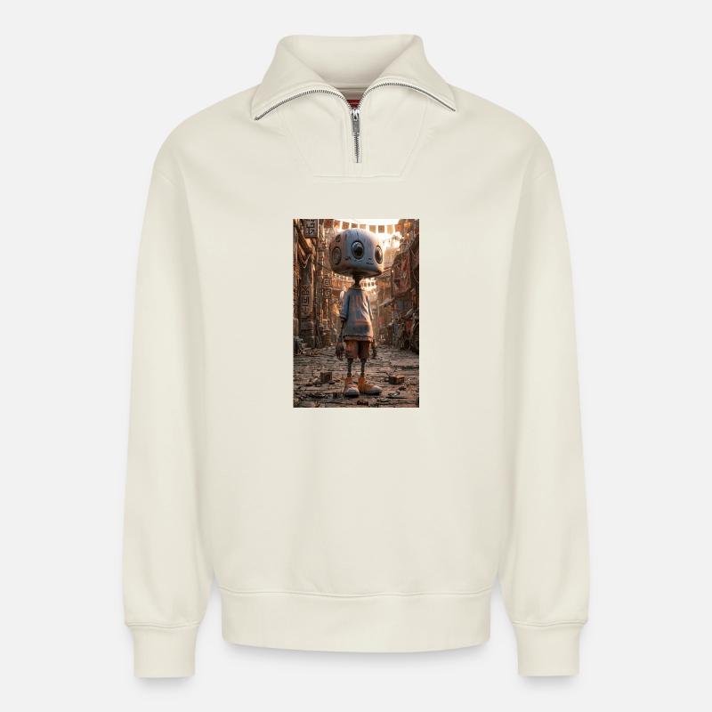 Rusty Robot in Neon Bazaar - Relaxed Unisex Organic Half Zip Sweatshirt – by SPREAD - off white