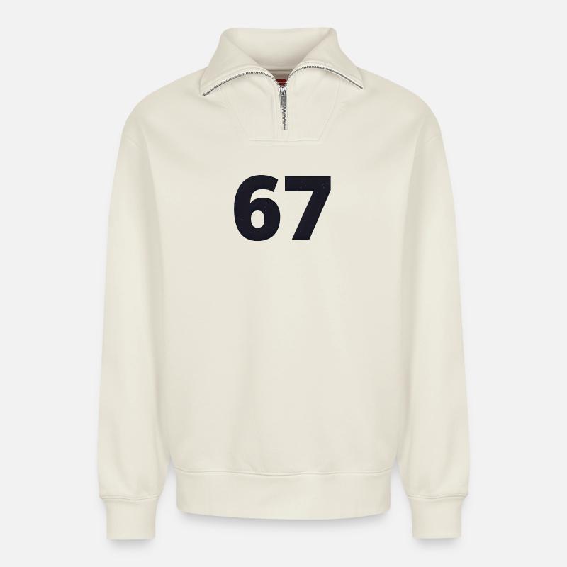 67 spricht Jugendsprache - Relaxed Unisex Organic Half Zip Sweatshirt – von SPREAD - Naturweiß