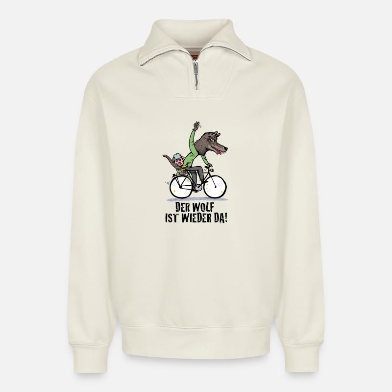 Wolfradfahrer Abenteuer - Relaxed Unisex Organic Half Zip Sweatshirt – von SPREAD - Naturweiß