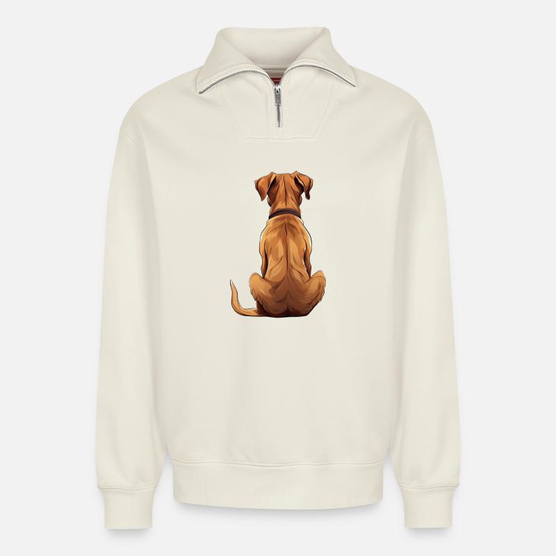 Rhodesian Ridgeback - Sweat unisexe décontracté en coton biologique à demi-zip – de SPREAD - blanc cassé