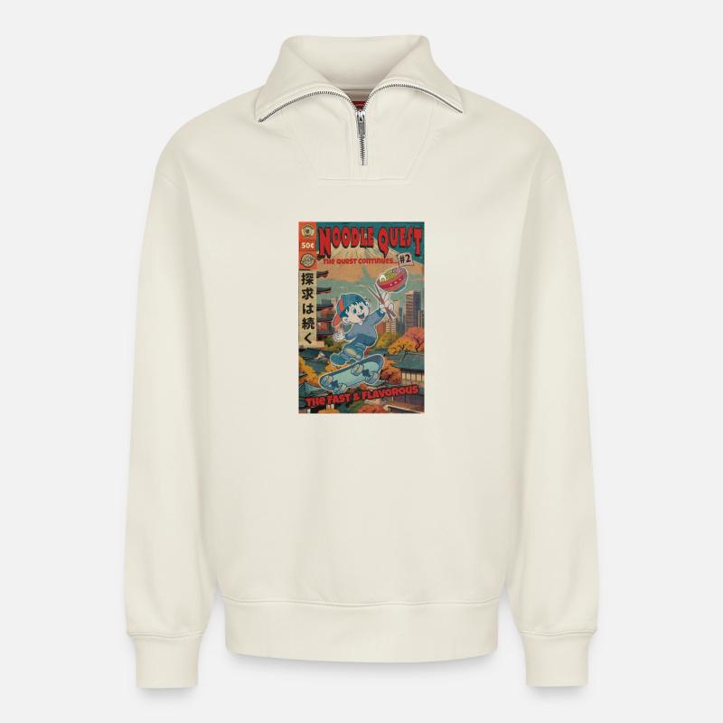 Retro Noodle Quest Comic - Relaxed Unisex Organic Half Zip Sweatshirt – von SPREAD - Naturweiß