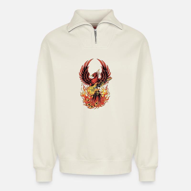 Fiery Eagle Guitare Rock Design - Sweat unisexe décontracté en coton biologique à demi-zip – de SPREAD - blanc cassé