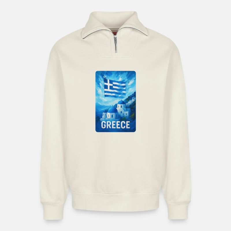 Grèce - Paradis bleu - Sweat unisexe décontracté en coton biologique à demi-zip – de SPREAD - blanc cassé