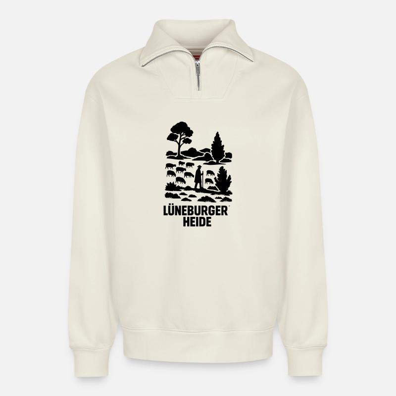 Lüneburger Heide Schäfer Heidschnucken Idylle - Relaxed Unisex Organic Half Zip Sweatshirt – von SPREAD - Naturweiß