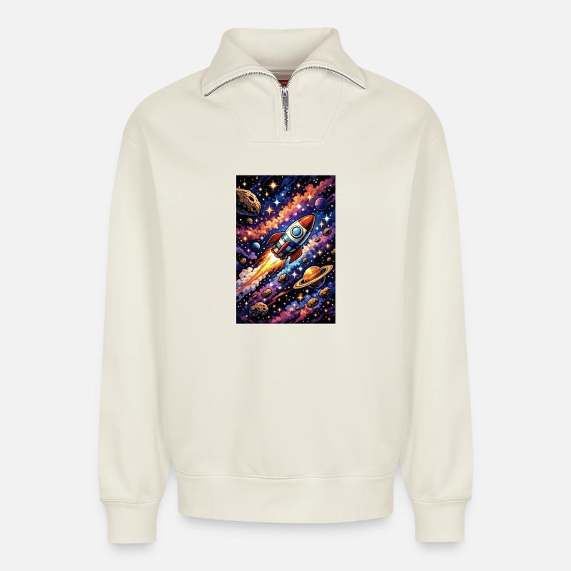 Rocket flight through cosmos - Relaxed Unisex Organic Half Zip Sweatshirt – by SPREAD - off white
