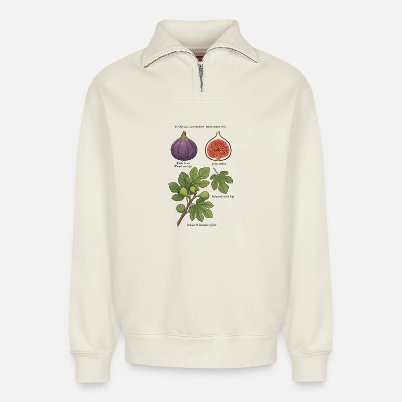 Feigenbaum-Botanische Studie Ficus Carica - Relaxed Unisex Organic Half Zip Sweatshirt – von SPREAD - Naturweiß