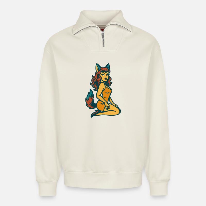 Fuchsgeist-Pinup - Relaxed Unisex Organic Half Zip Sweatshirt – von SPREAD - Naturweiß