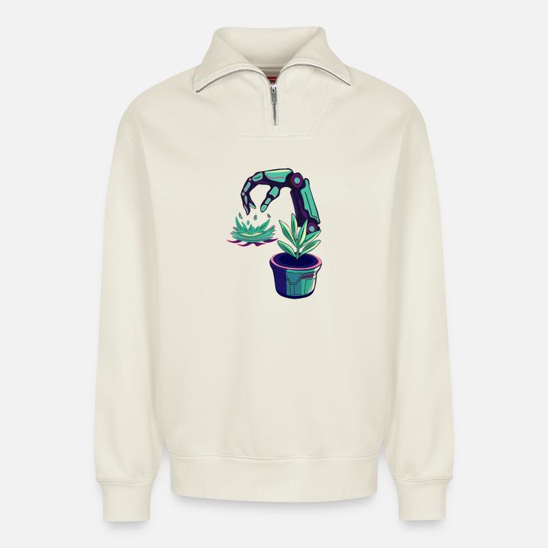 Neon robots - Relaxed Unisex Organic Half Zip Sweatshirt – by SPREAD - off white