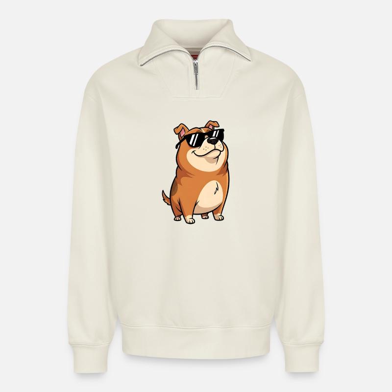 Fat dachshund with sunglasses - Relaxed Unisex Organic Half Zip Sweatshirt – by SPREAD - off white