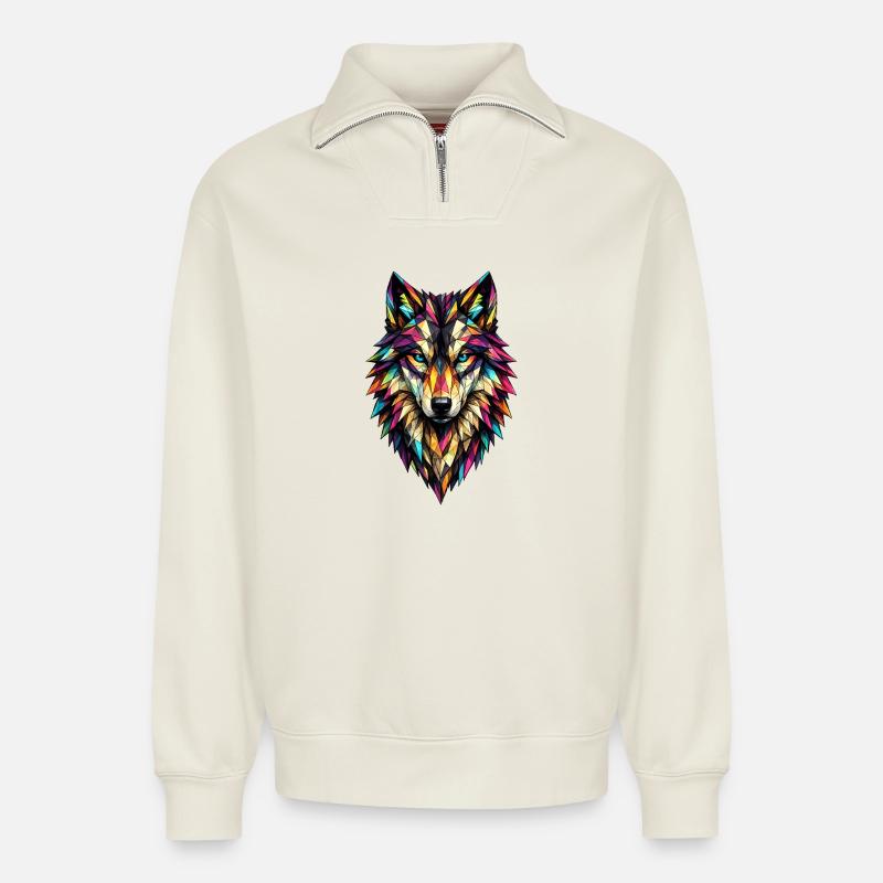 Farbgeometrischer Wolf - Relaxed Unisex Organic Half Zip Sweatshirt – von SPREAD - Naturweiß