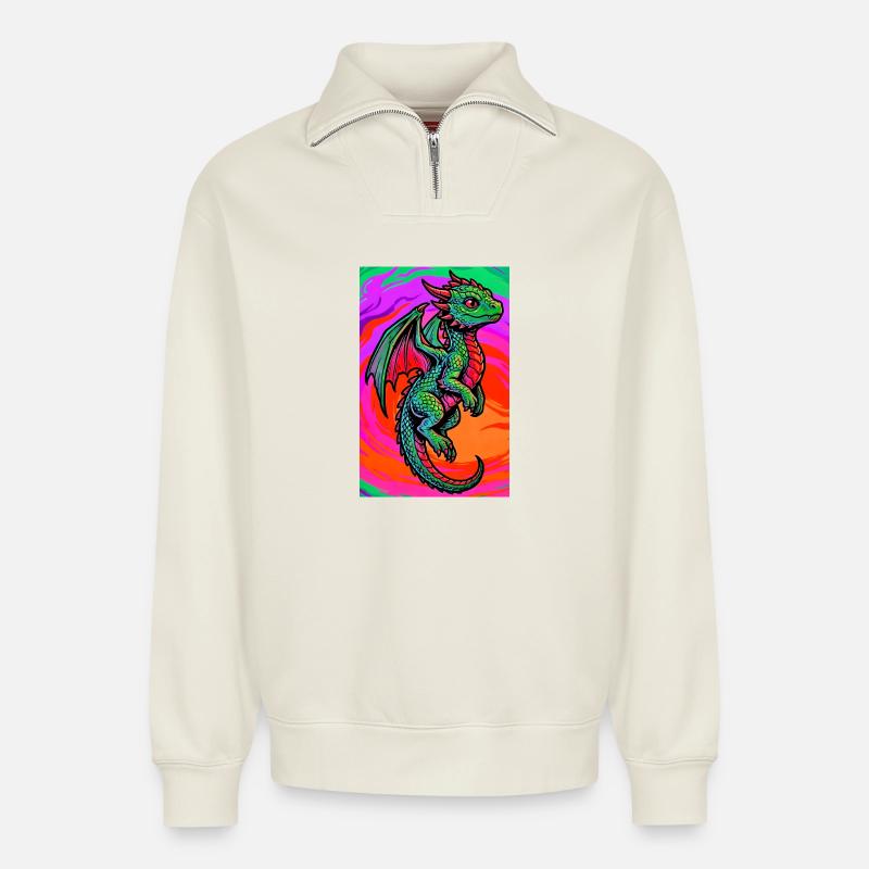 Drache - Relaxed Unisex Organic Half Zip Sweatshirt – von SPREAD - Naturweiß