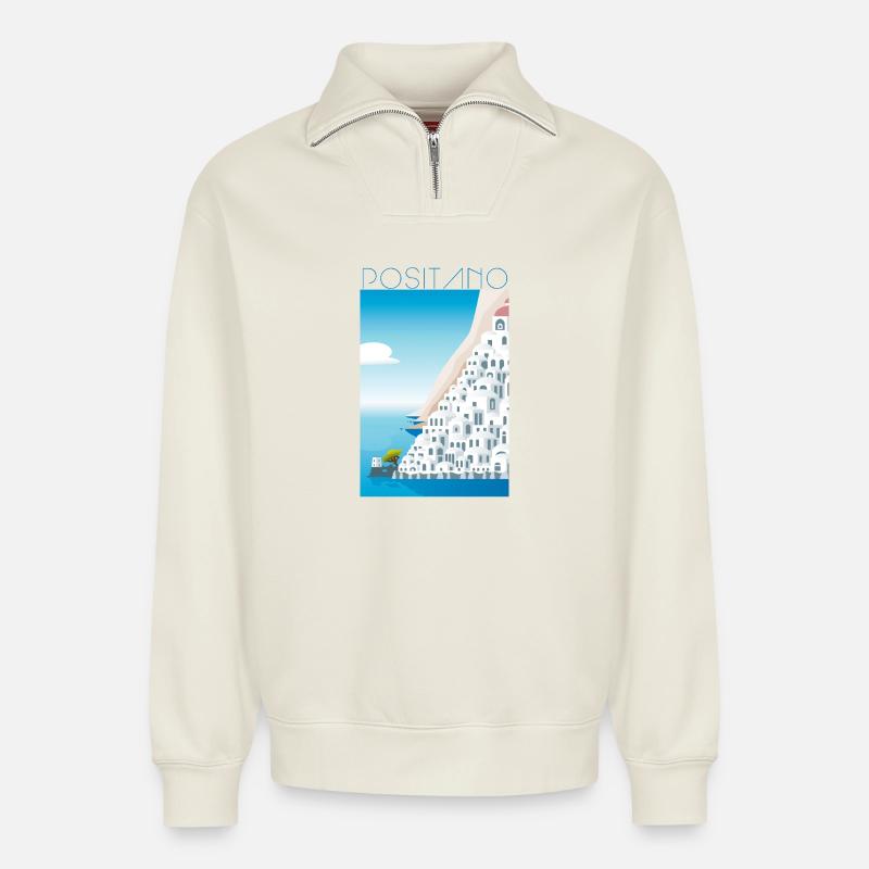 Positano CostaBlu Weiße Häuser - Relaxed Unisex Organic Half Zip Sweatshirt – von SPREAD - Naturweiß
