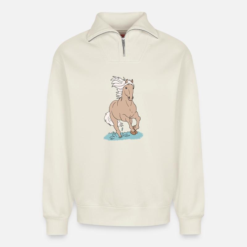 Chevaux de cheval - Sweat unisexe décontracté en coton biologique à demi-zip – de SPREAD - blanc cassé
