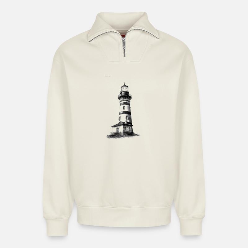 Conception de phare pour l’auto-conception - Sweat unisexe décontracté en coton biologique à demi-zip – de SPREAD - blanc cassé