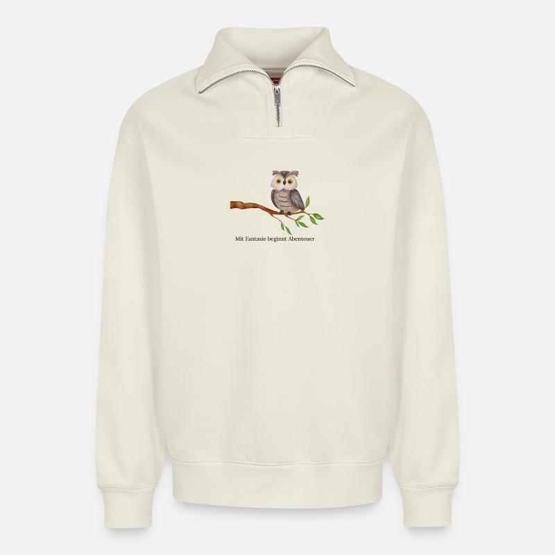 Eulen Motiv - Relaxed Unisex Organic Half Zip Sweatshirt – von SPREAD - Naturweiß