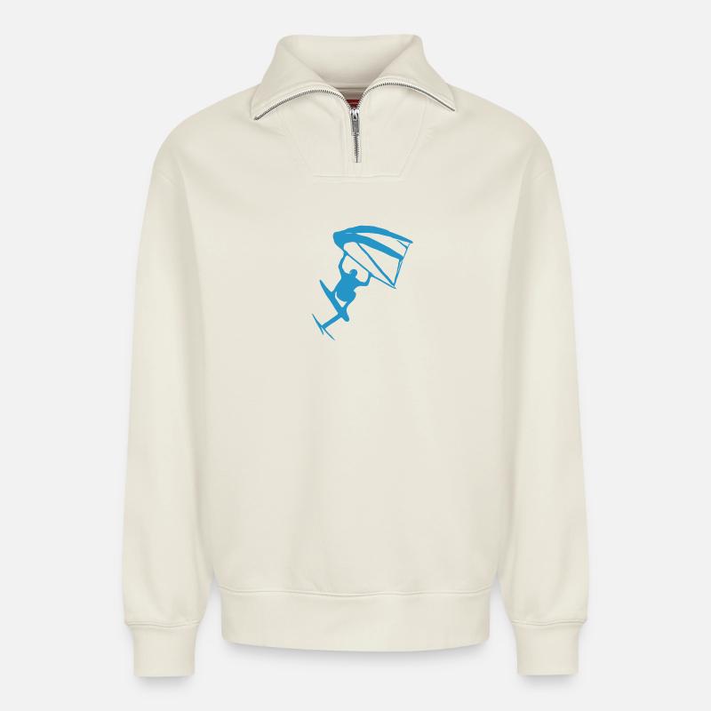 Wingfoiling Sticker - Relaxed Unisex Organic Half Zip Sweatshirt – von SPREAD - Naturweiß