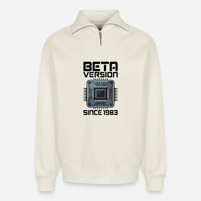 Futuristic microchip screen design - Relaxed Unisex Organic Half Zip Sweatshirt – by SPREAD - off white